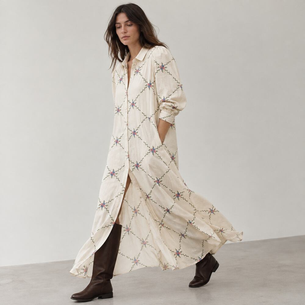 Sezane Sézane Robe Bella Maxi Dress Womens FR38/M Cream Linen Long Sleeve Midi